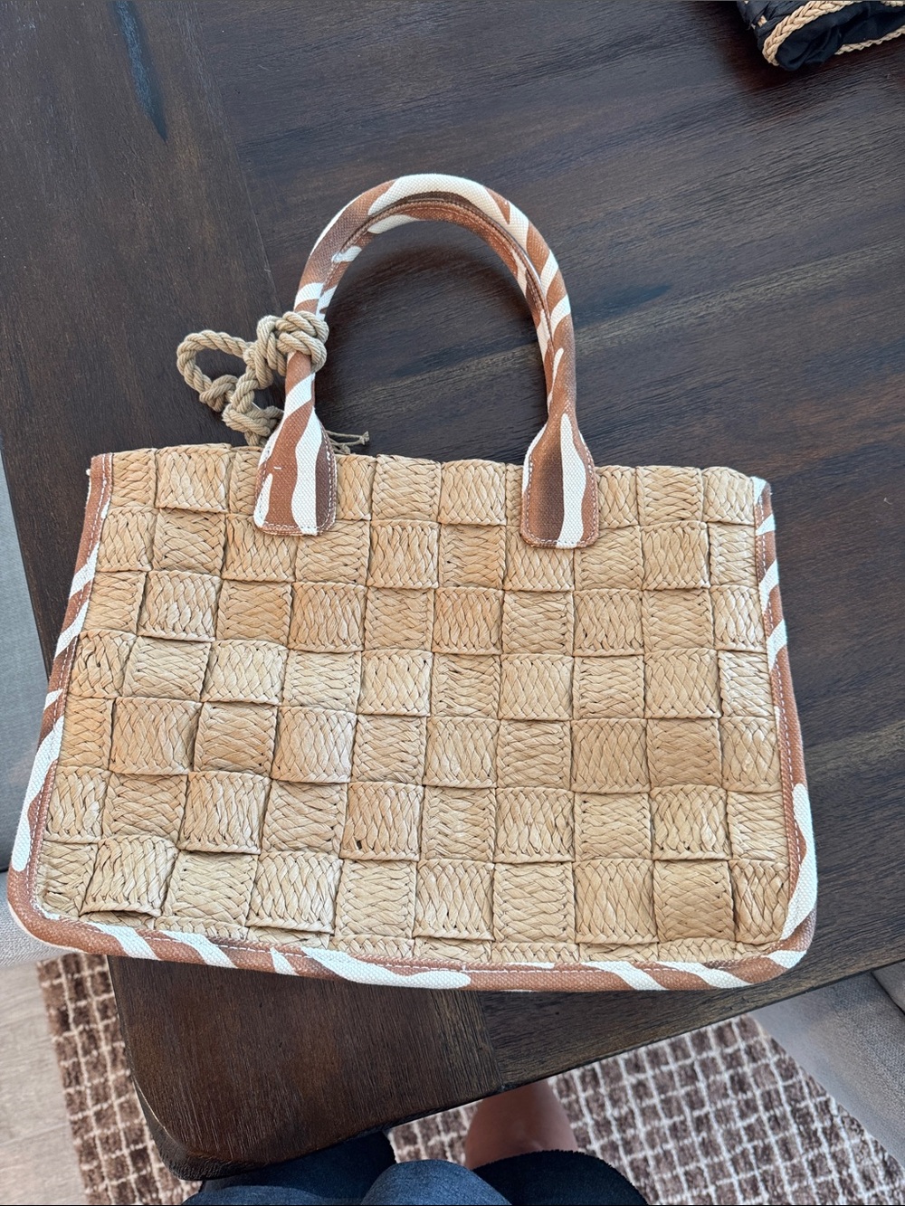 Vince Camuto Woven Straw Tote with Brown & Cream Trim